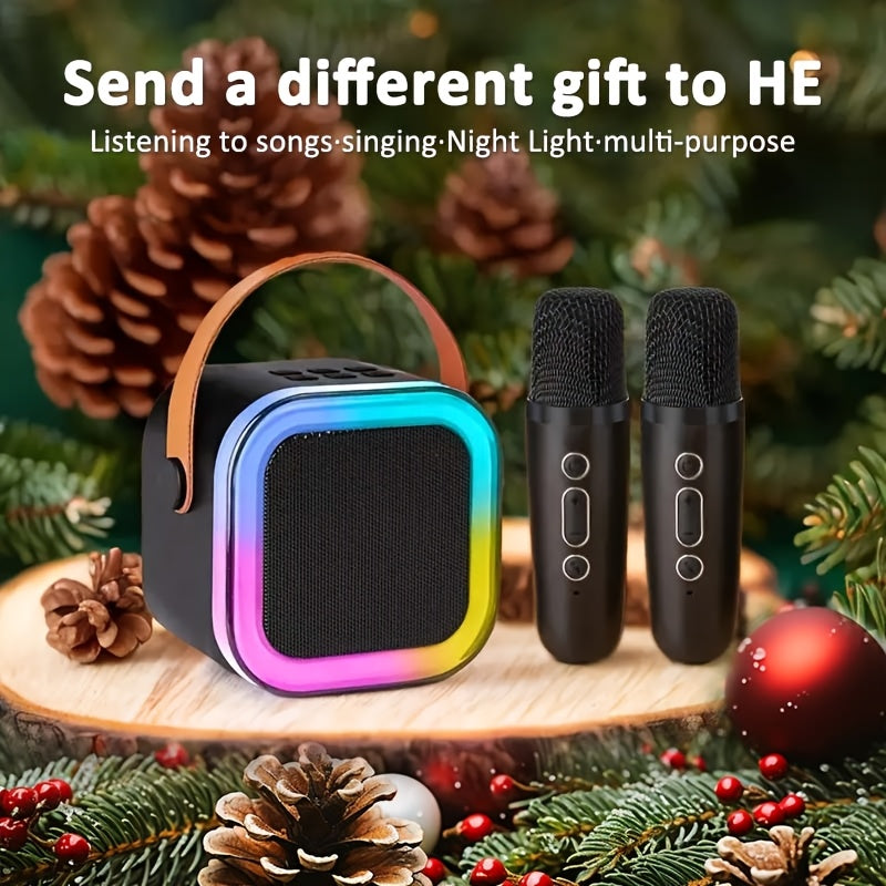 Ikki simsiz mikrofon va rangli chiroqlar bilan jihozlangan portativ karaoke dinamik, oilaviy tug'ilgan kunlar va ochiq havoda sayohatlar uchun ideal.