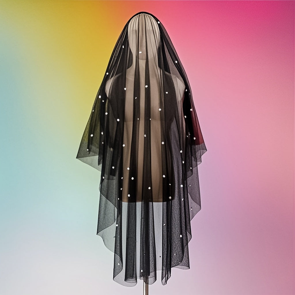 Черное свадебное вуаль с бисером и минималистичным дизайном для свадьбы