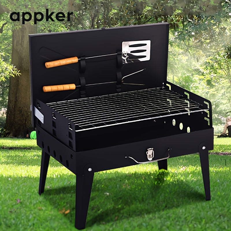 Portable Charcoal BBQ Grill Set with Foldable Cast Iron Design and Windproof Lid