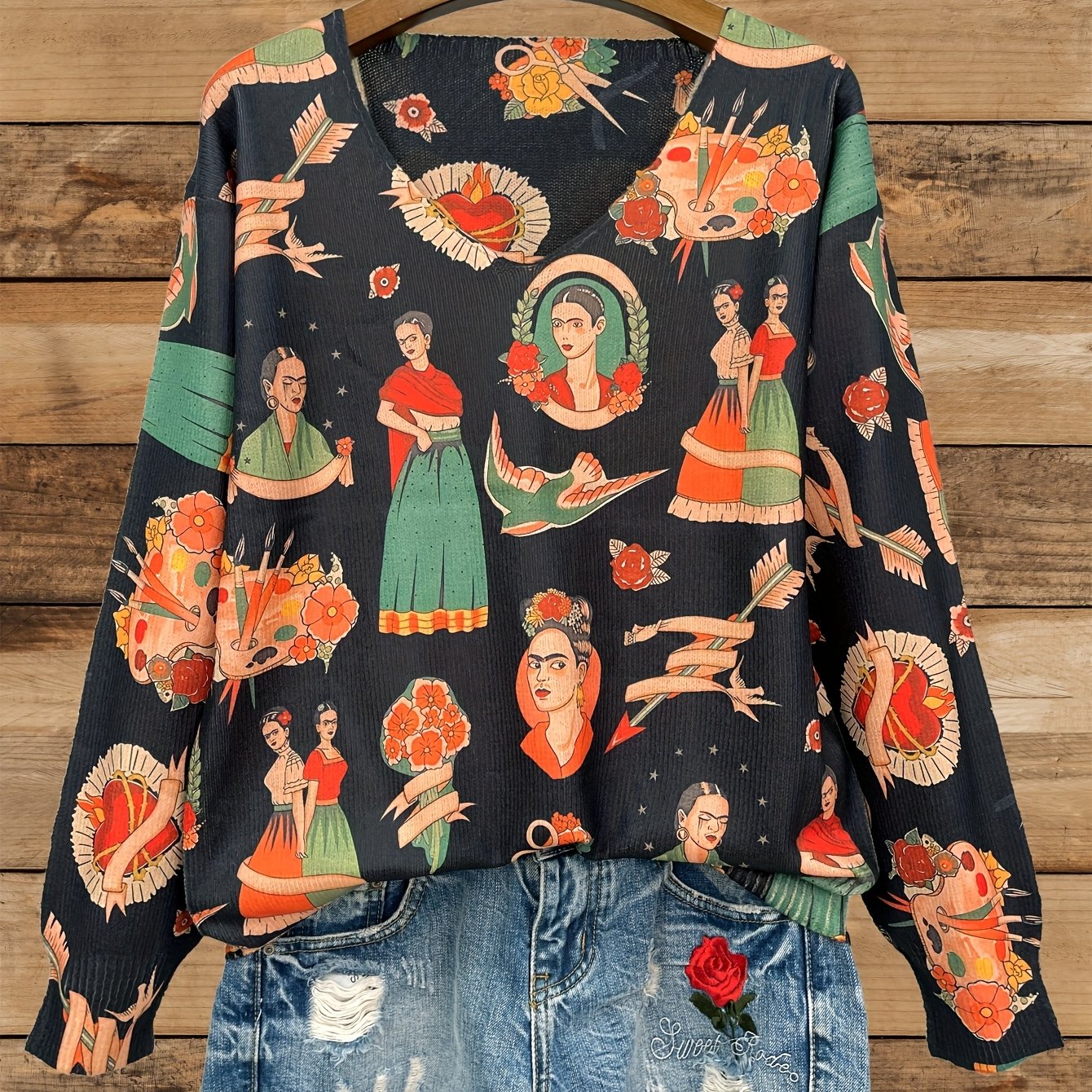 Plus Size Women's Lightweight V-Neck Sweater with Floral Print Casual Pullover