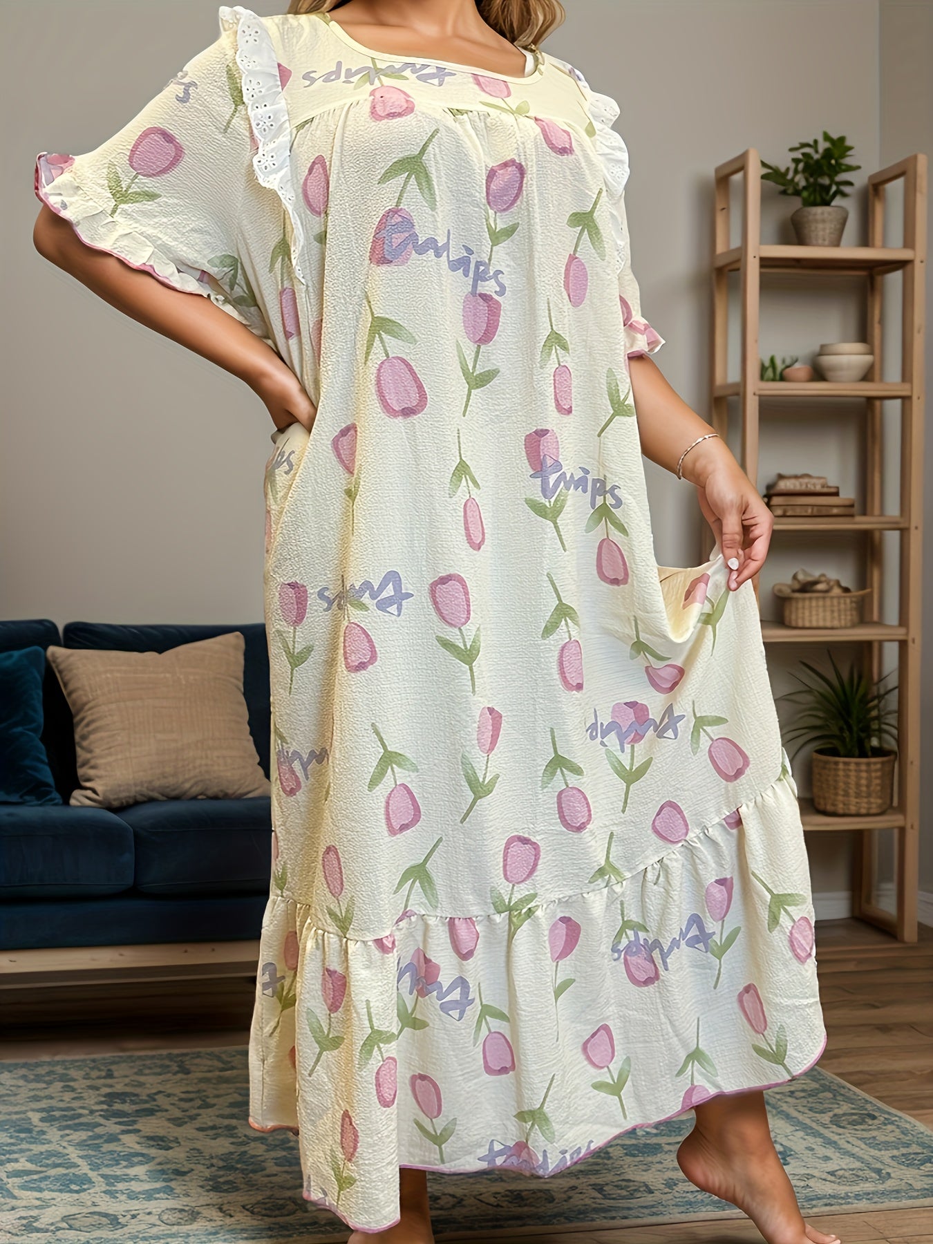 Plus Size Women's Sleep Dress with Tulip Print Bubble Sleeves Ruffle Hem