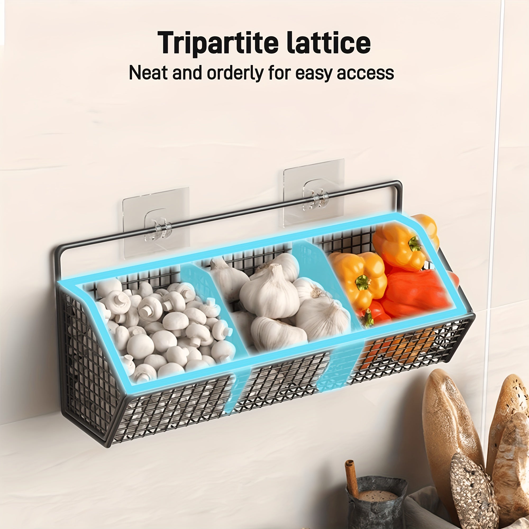 Wall Mounted Wire Fruit Basket with Three Compartments for Kitchen Bathroom Storage