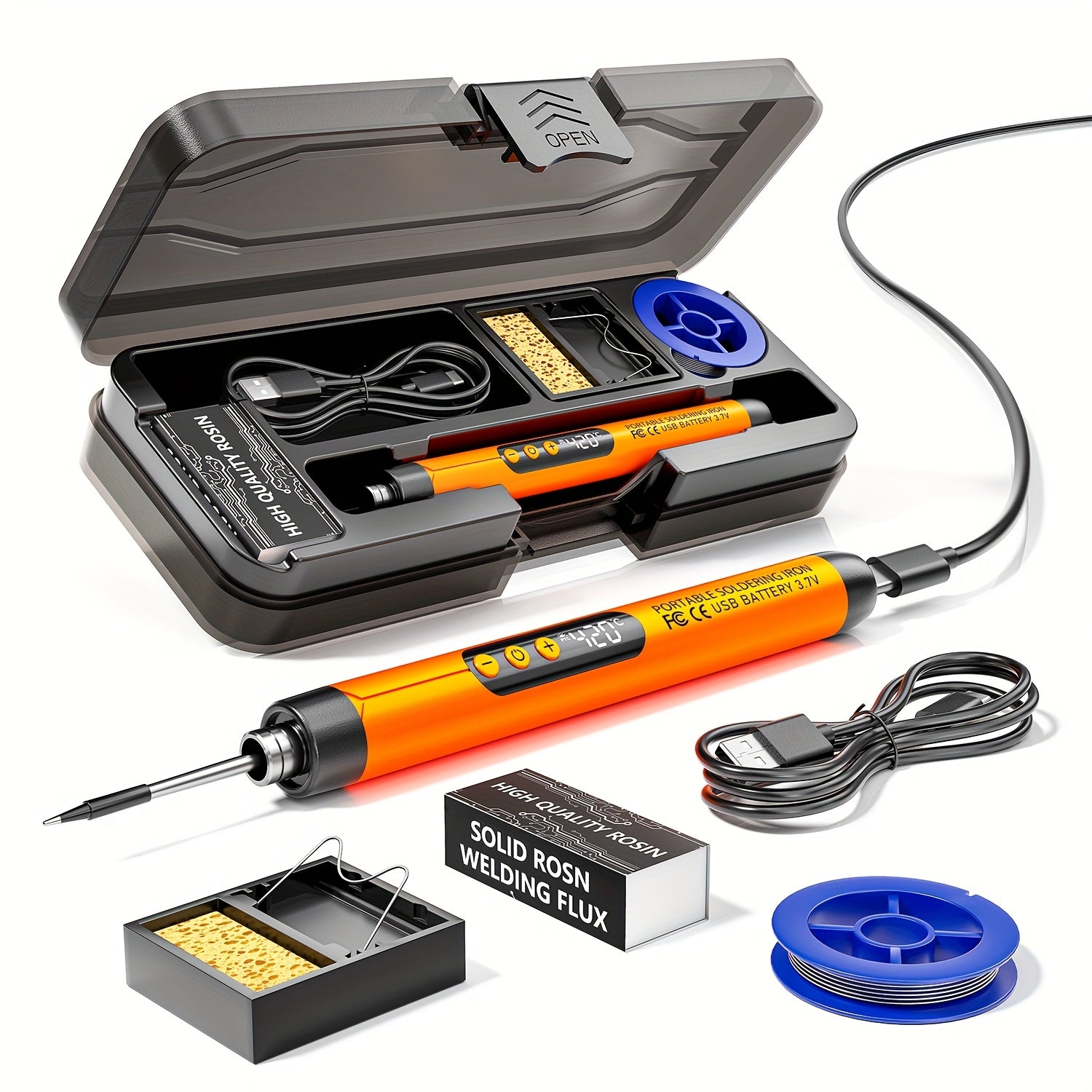 Portable USB Soldering Iron with Adjustable Temperature LCD Display Rechargeable Battery and Storage Box Red