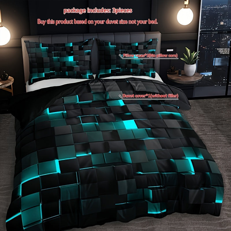 Grid Print Bedding Set 3-Piece Duvet Cover and Pillowcases for Bedroom or Guest Room
