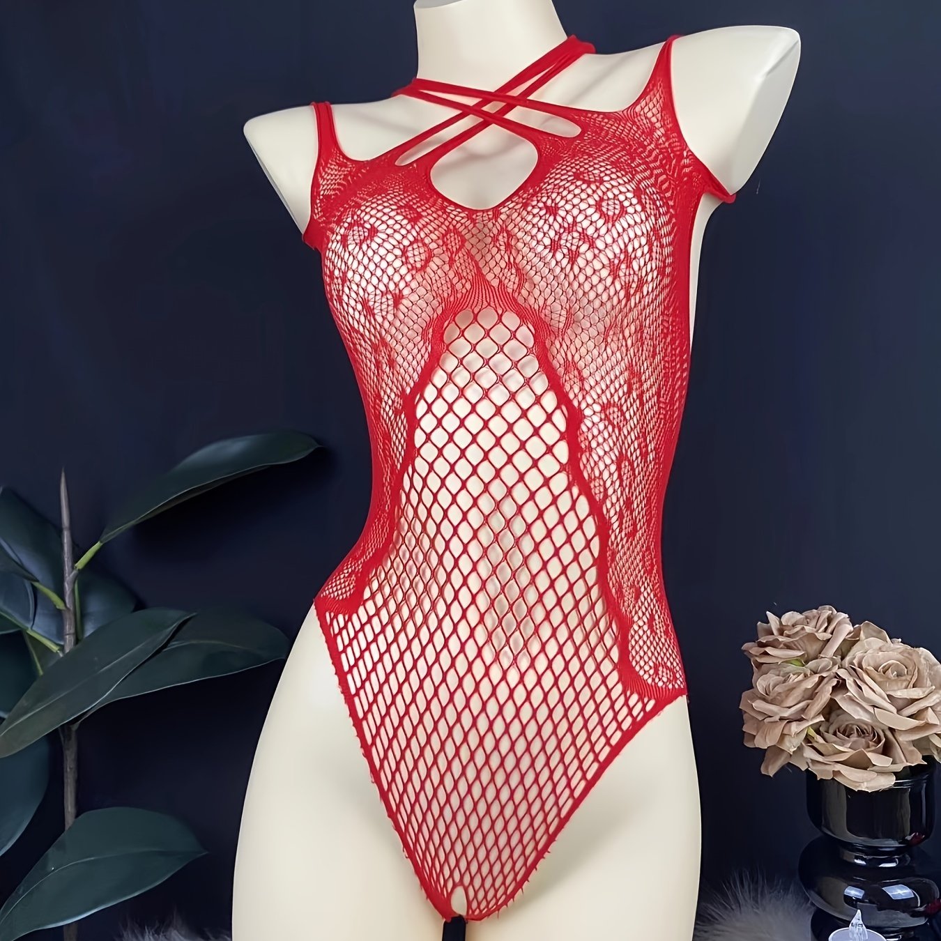 Women’s Red Lace Mesh Bodysuit with Hollow-Out Design and Cropped Fit
