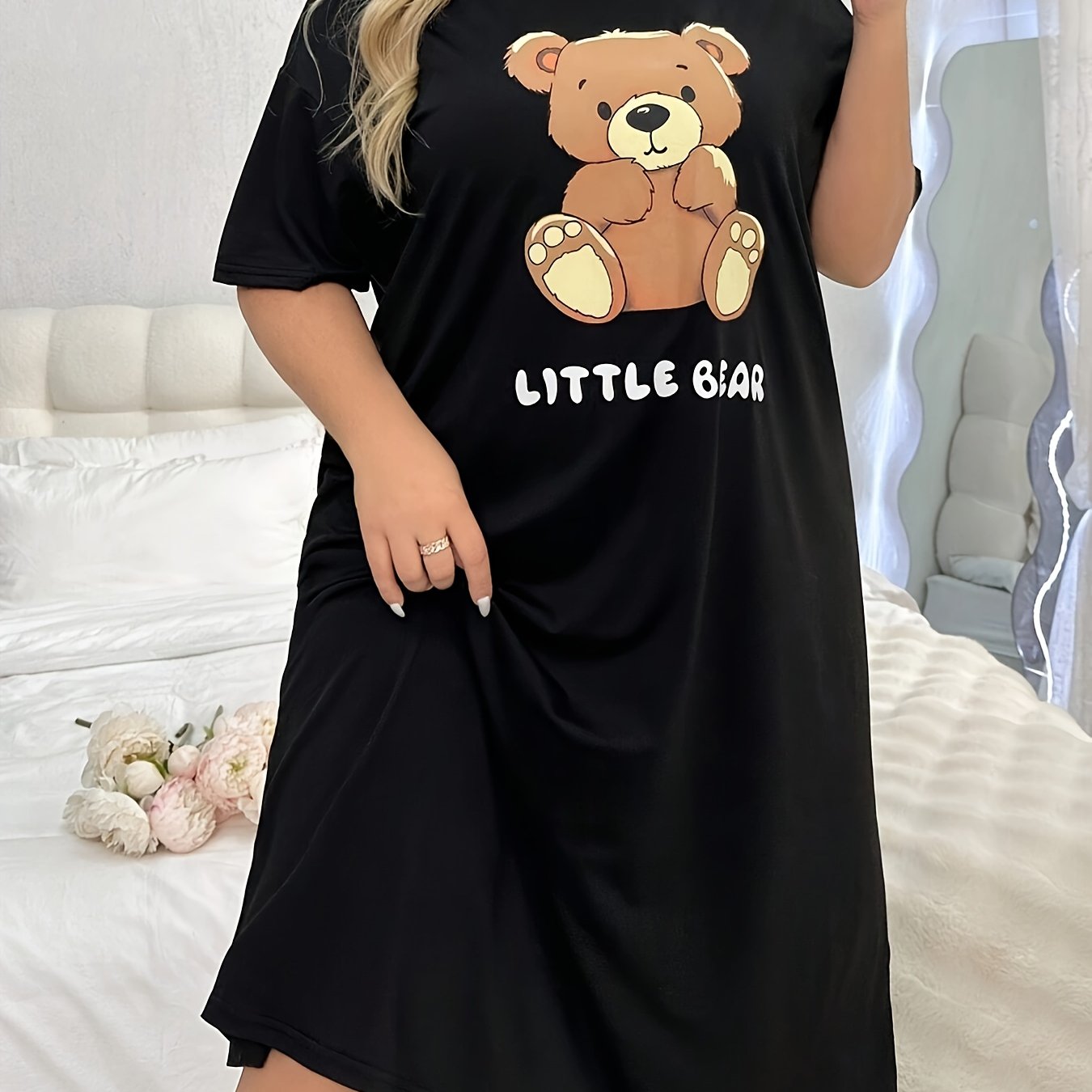 Женское ночное платье больших размеров с коротким рукавом, мультяшный медведь, ночная одежда