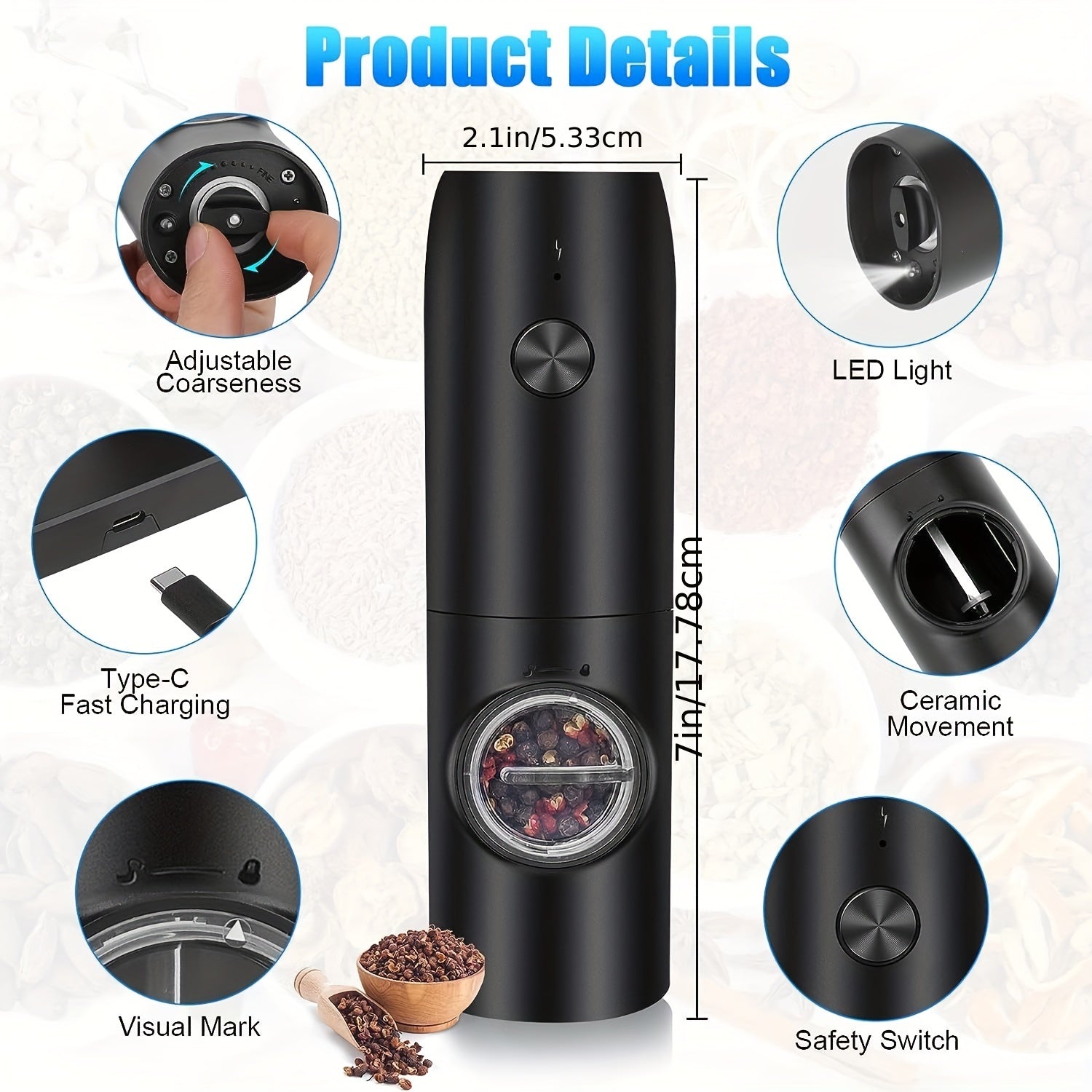 Набор из 2 электрических мельниц для соли и перца, перезаряжаемых через USB с LED-подсветкой, одноручное управление, регулируемая крупность, refillable база, кухонные гаджеты и принадлежности, идеально подходит для подарков на Рождество или Хэллоуин