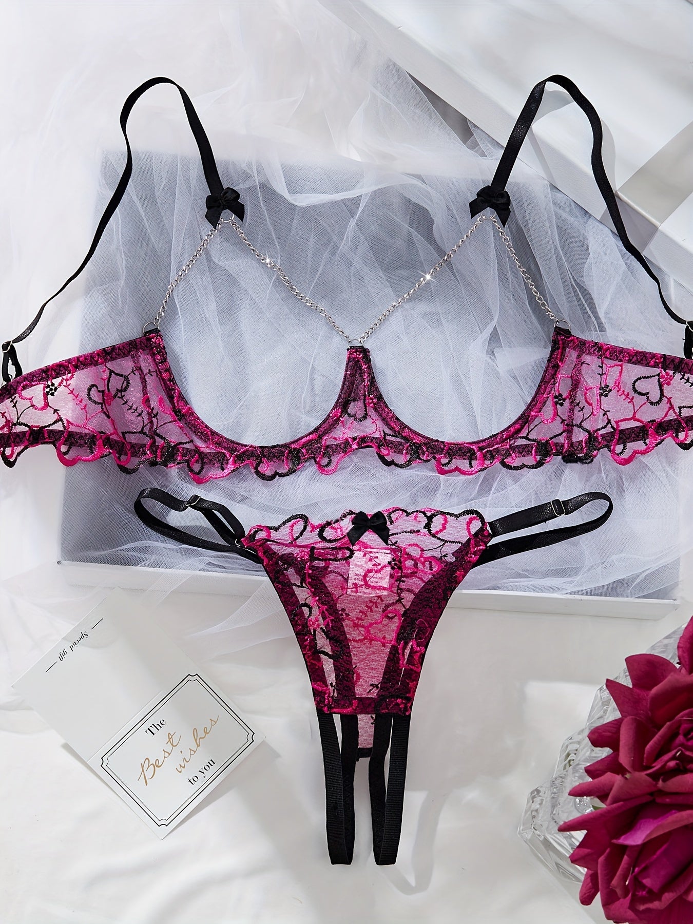 Pink and Black Lace Lingerie Set with Chain Details for Special Occasions