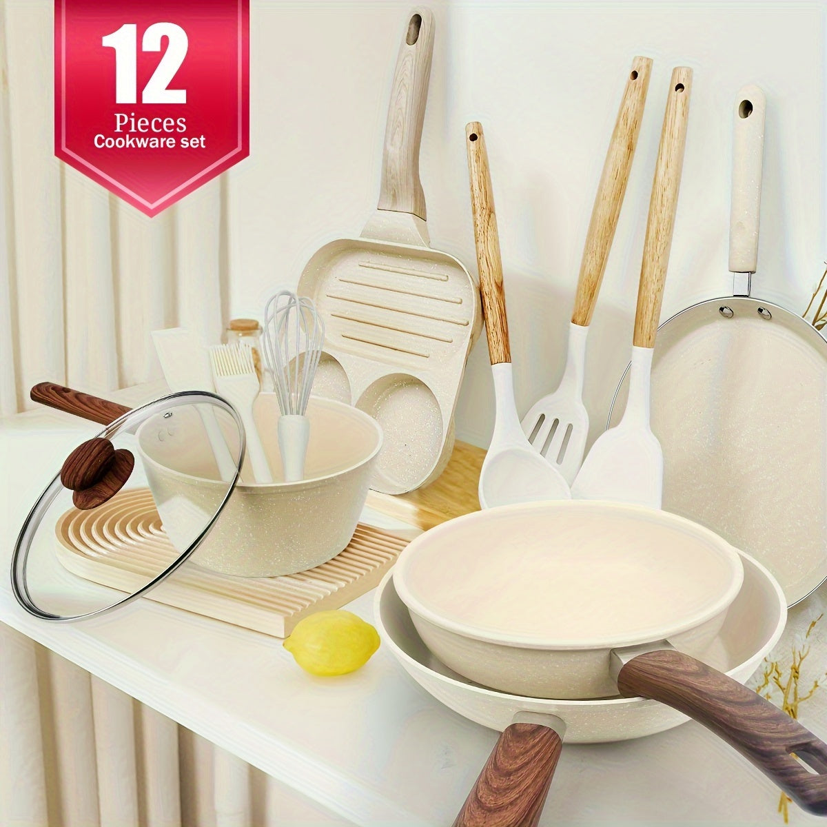 White 12-Piece Non-Stick Cookware Set for Induction and Open Flame Cooking