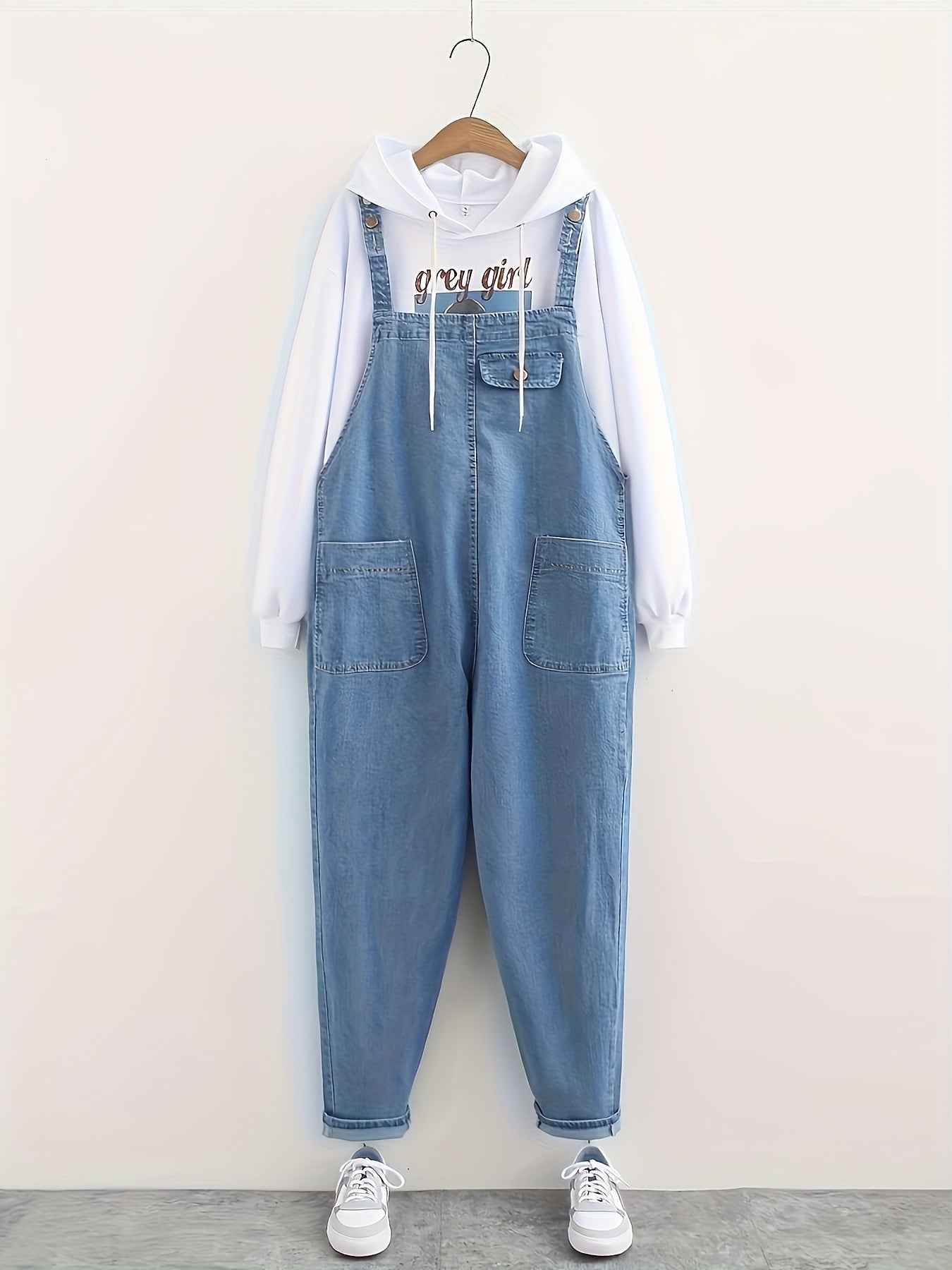 Women's Plus Size Light Blue Denim Overalls with Adjustable Straps and Front Pockets