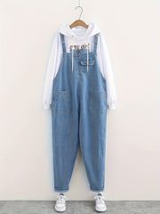 Women's Plus Size Light Blue Denim Overalls with Adjustable Straps and Front Pockets