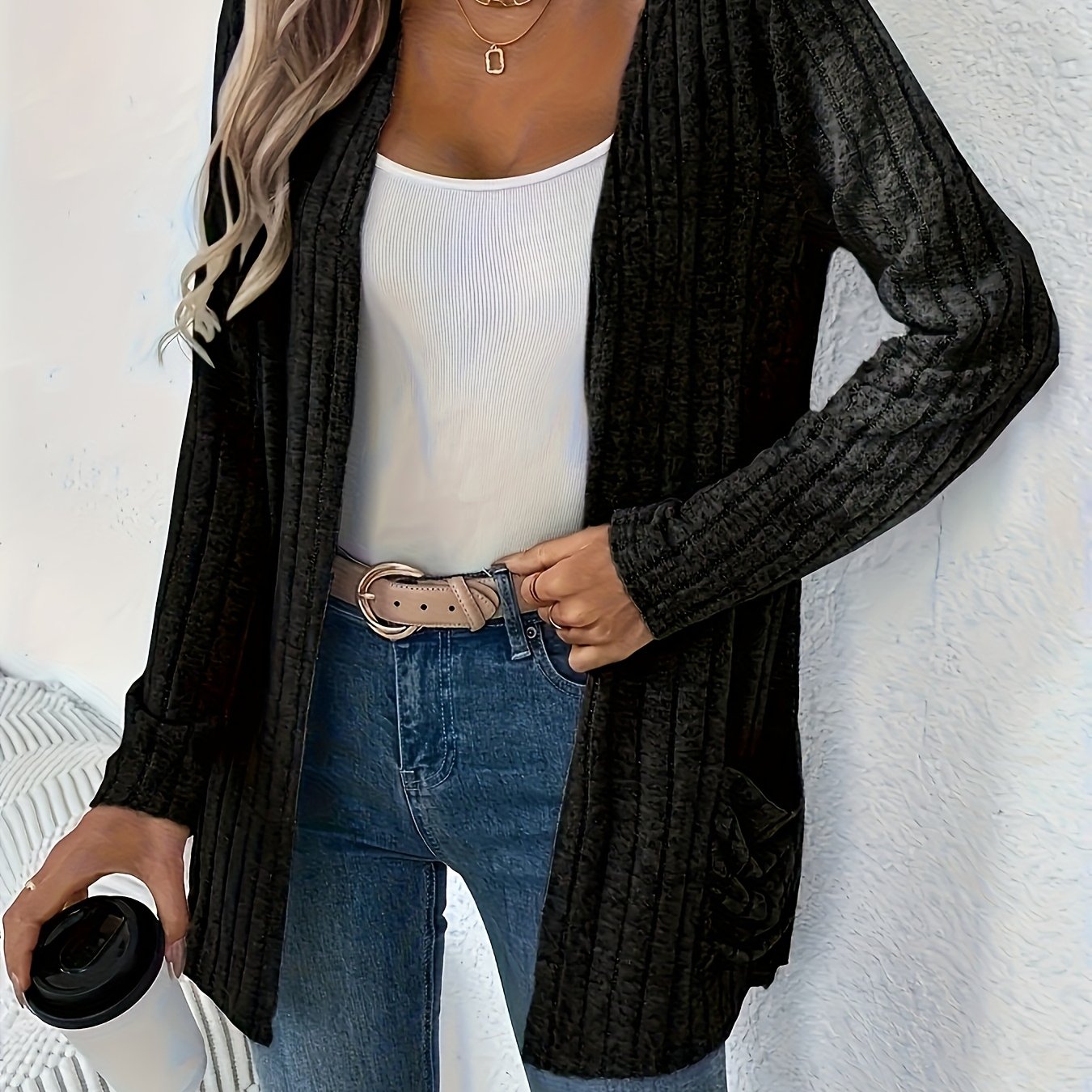 Women's Solid Color Cardigan with Pockets Long Sleeve Open Front Sweater