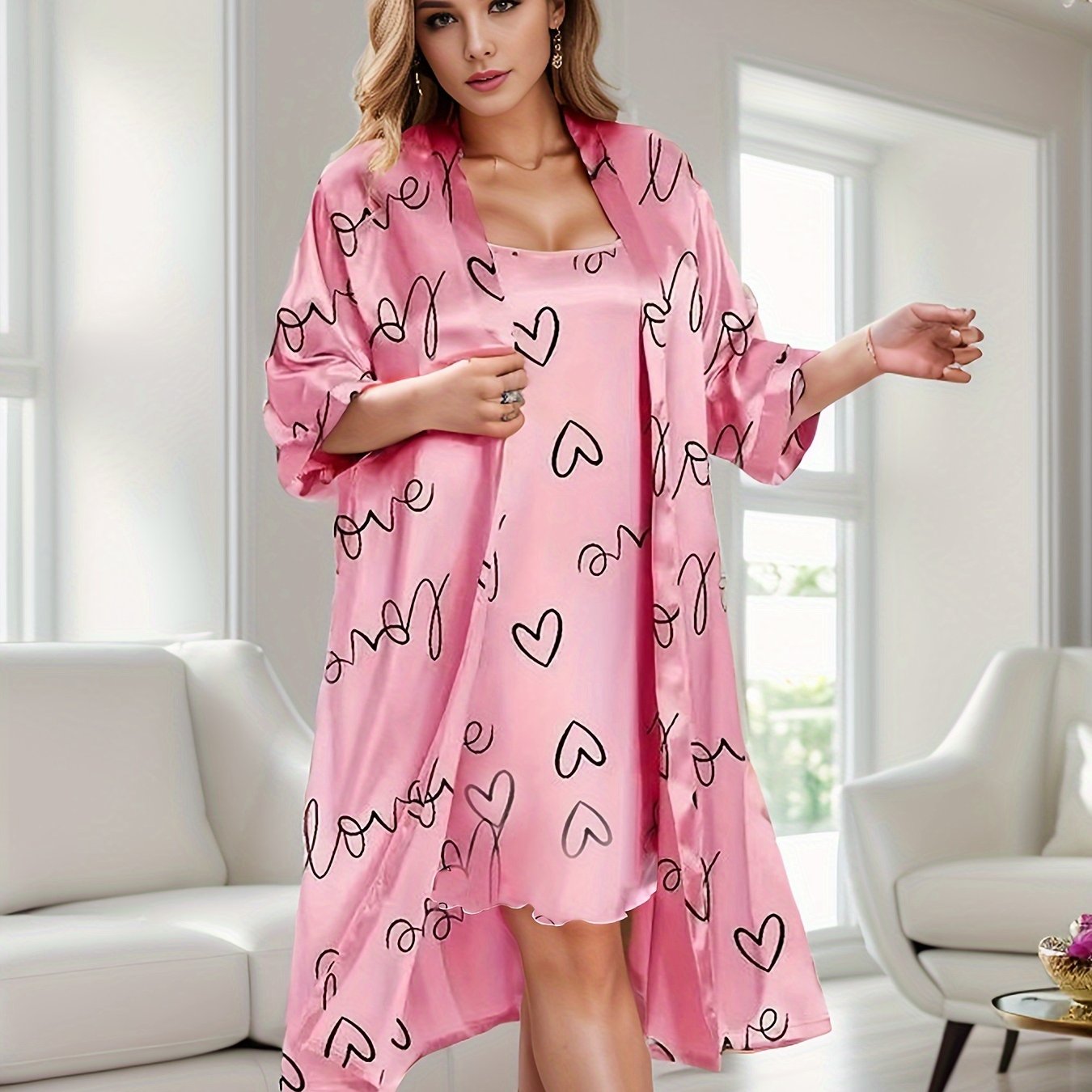 Plus Size Women's Satin Nightgown Set Camisole Pajama with Robe