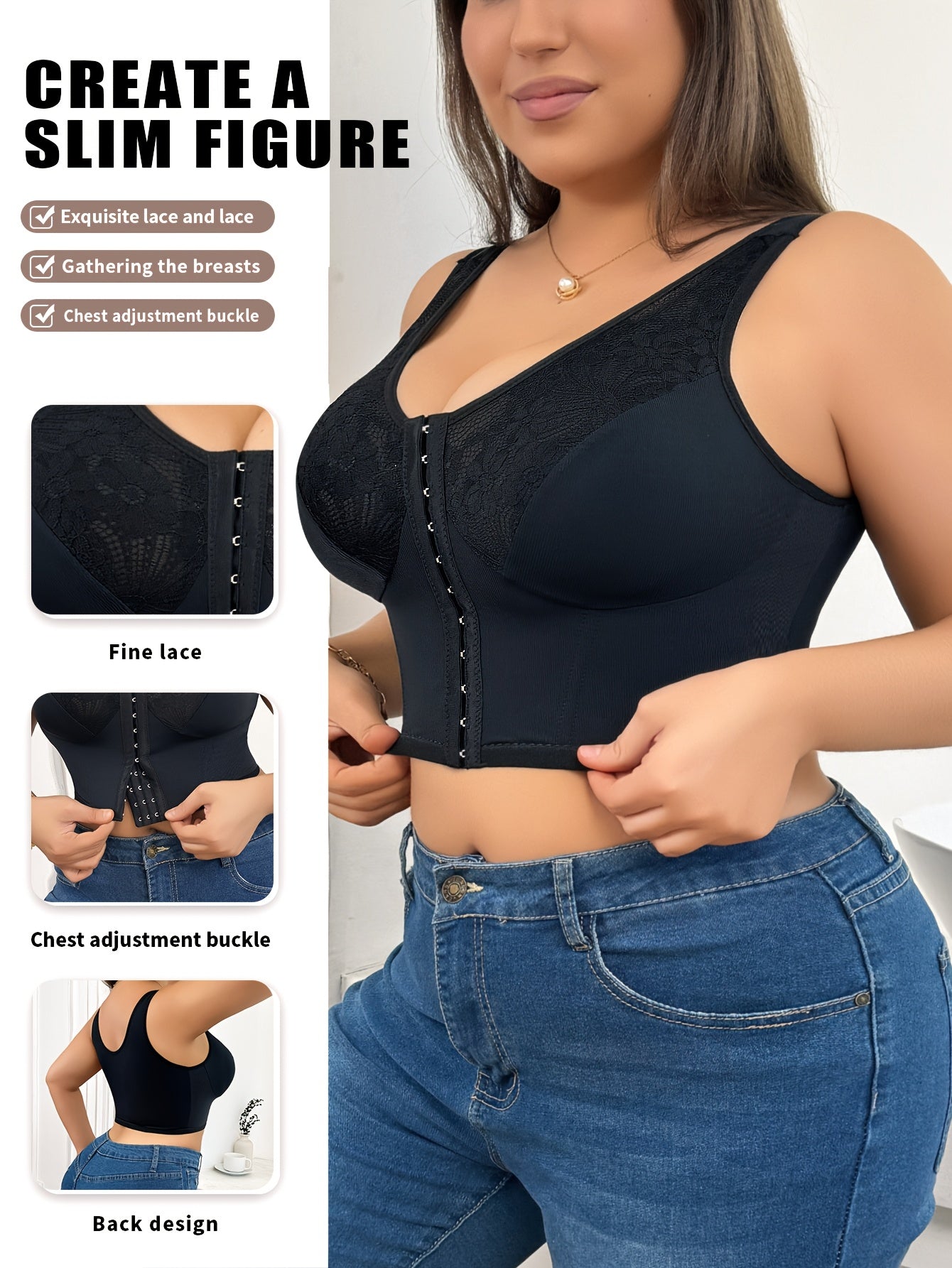 Plus Size Lace Trim Floral Print Front Closure Shaping Bra with Adjustable Straps