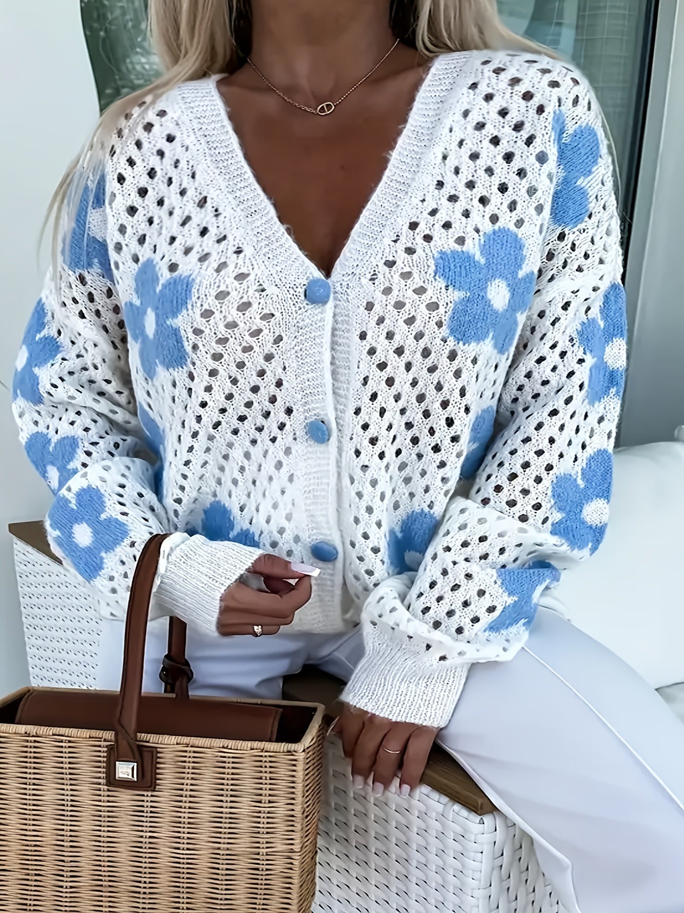 Plus Size Women's Crochet Cardigan Floral Pattern Long Sleeve Open Front Blue White Fall Winter