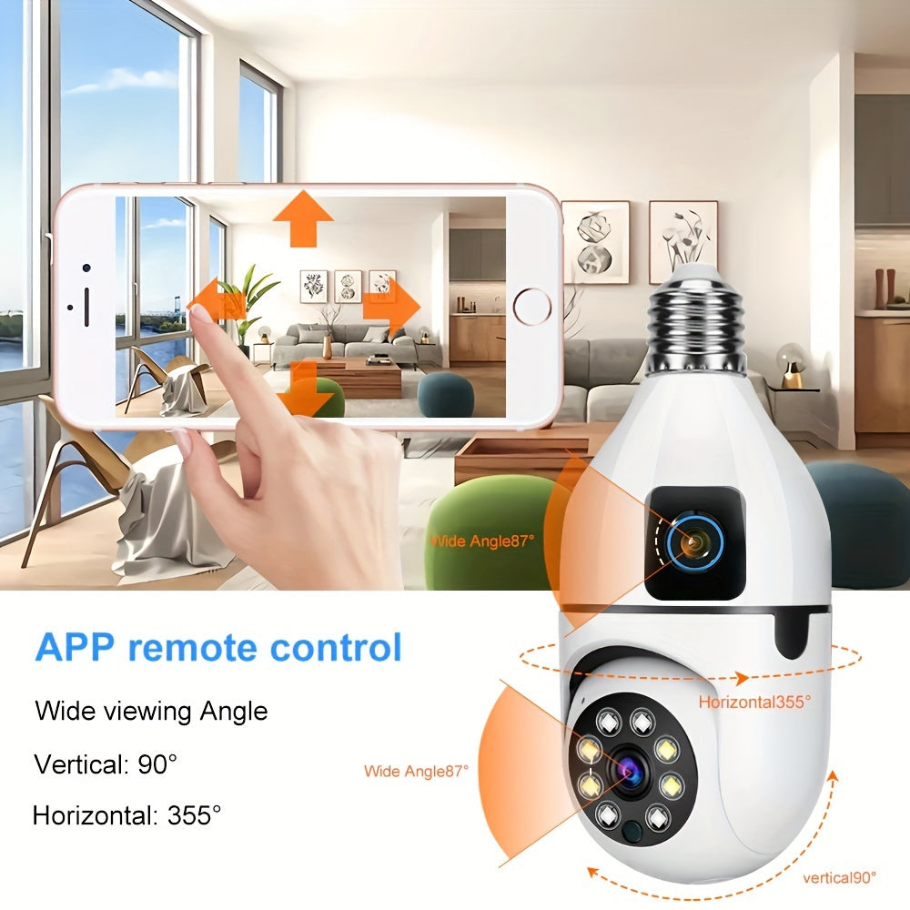 Wireless Dual-Camera Security Bulb with 360° Panoramic View Night Vision Motion Detection Two-Way Audio