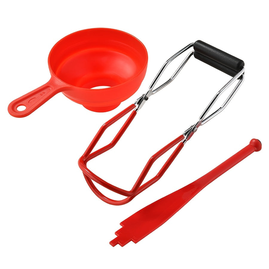 Juego de 3 piezas de herramientas de acero inoxidable para hacer mermelada con embudo, clip para tarro y elevador de tapas