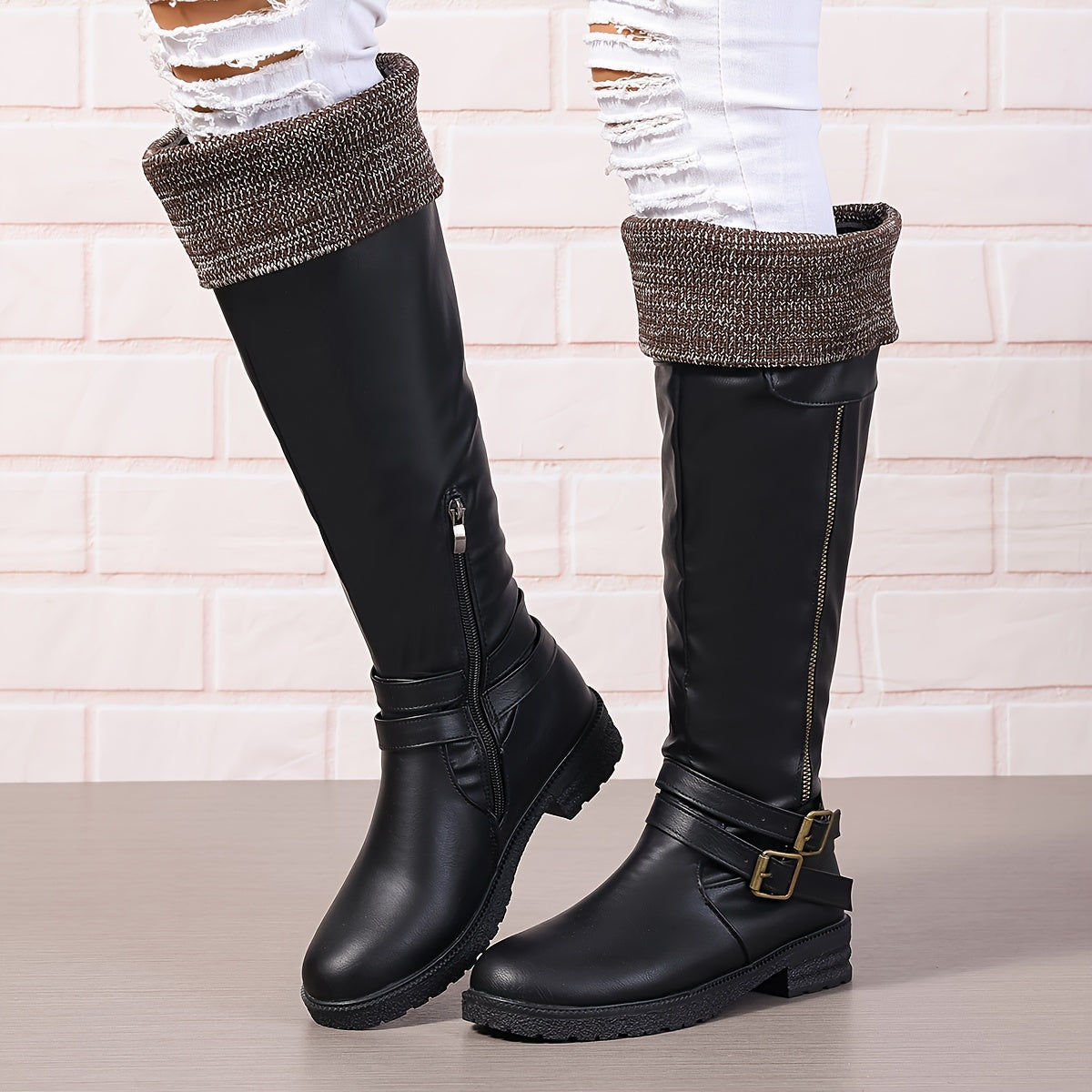Women's Knit Long Winter Boots Brown Faux Cover Mid-Calf Chunky Heel