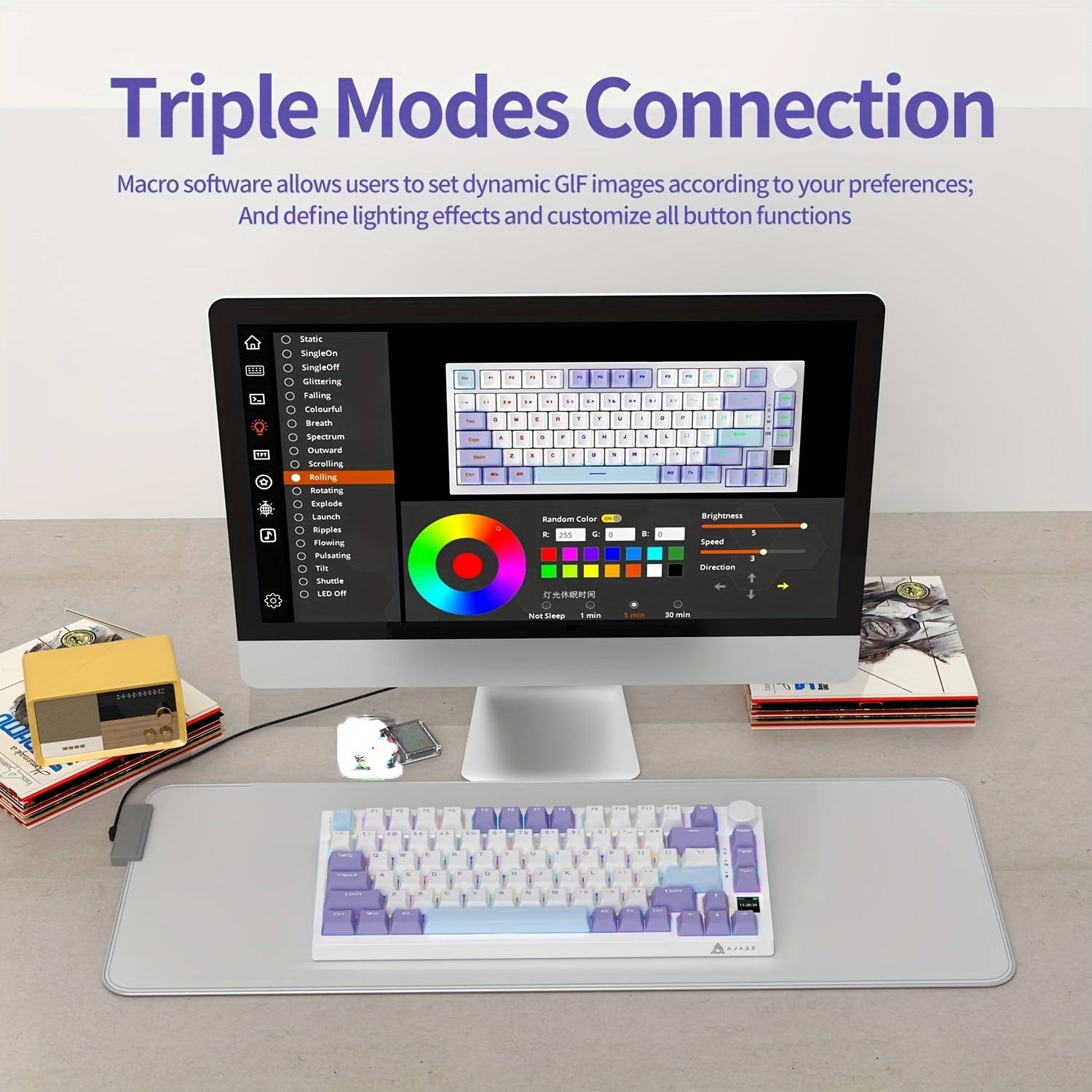 Wireless Mechanical Keyboard 75% RGB Backlit Hot-Swappable PBT Keycaps Wireless USB Charging for Gaming and Office