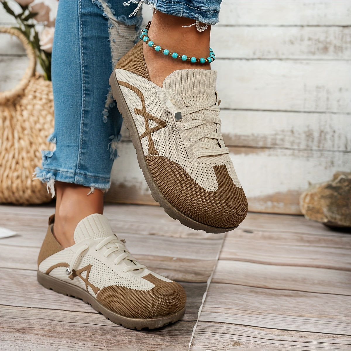 Women's Casual Slip-On Flats Knit Fabric with PVC Outsole Black Beige