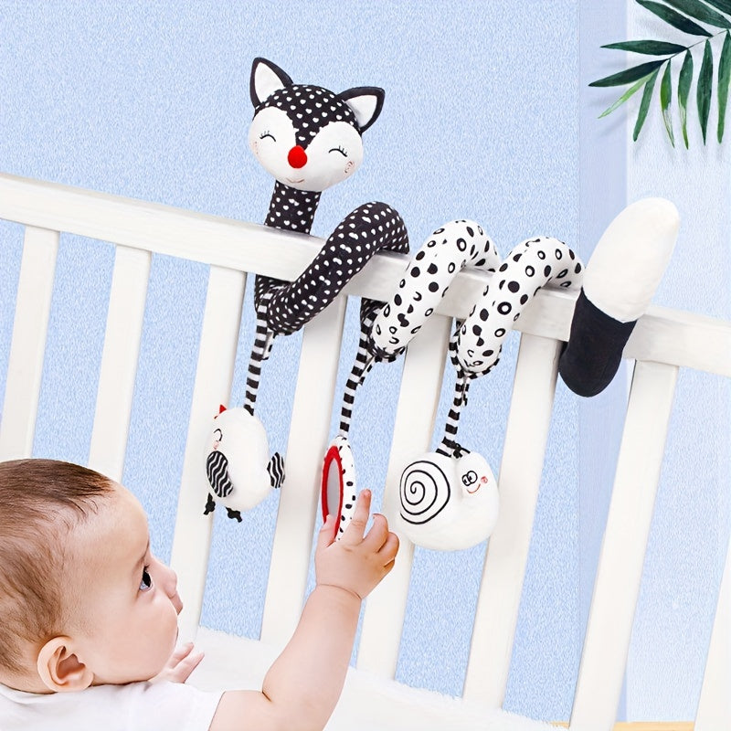Baby Plush Toy Spiral Pendant with Black and White Cartoon Fox for Stroller and Soothing Baby Gift