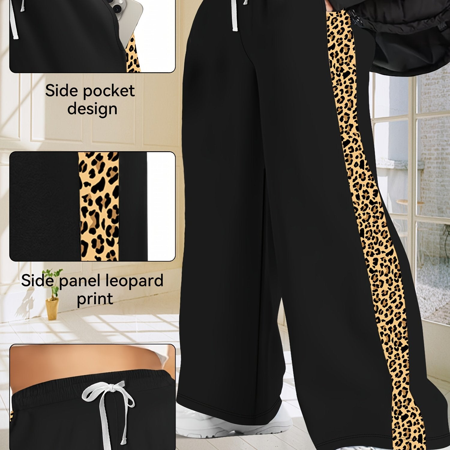 Plus Size Leopard Print Wide Leg Pants with Drawstring and Pockets