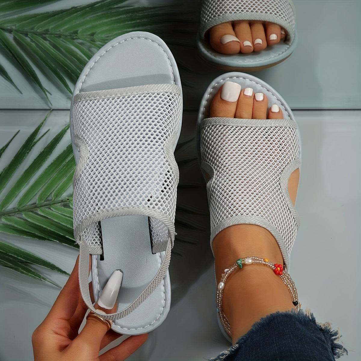 Women's Mesh Flat Sandals Open Toe Slip On Elastic Strap Casual