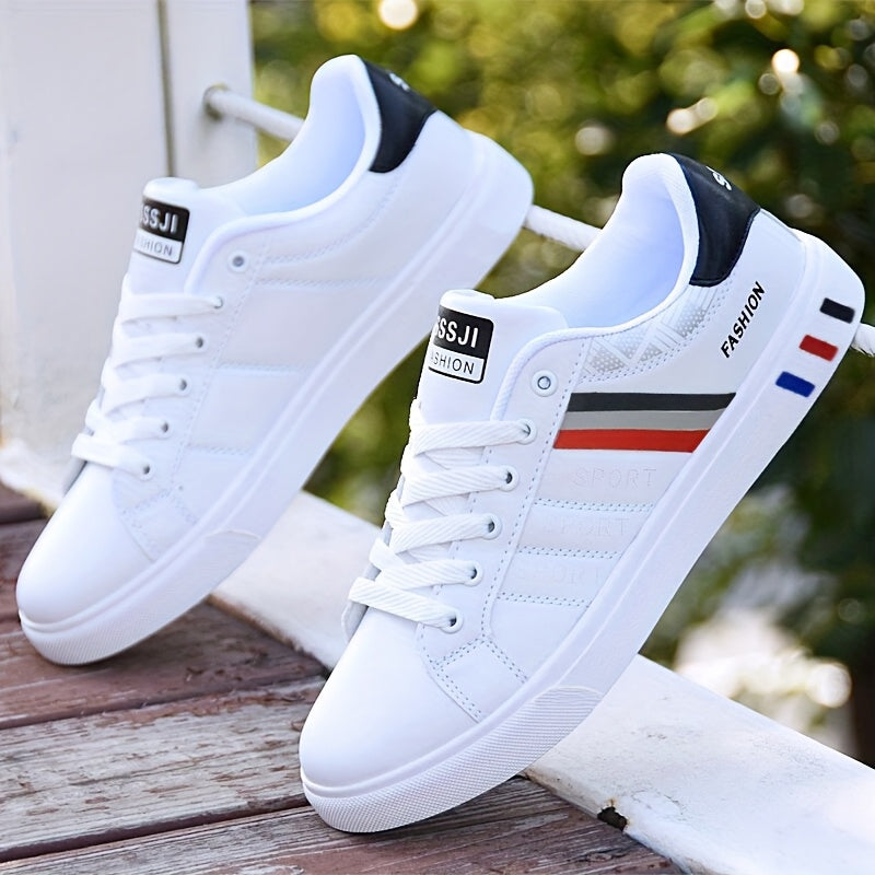 Zapatillas de skate blancas para hombre con parte superior de PU, suela de goma, cordones, rayas y estilo casual