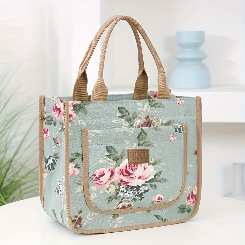 Insulated Canvas Lunch Bag with Floral Print, Large Capacity, Reusable