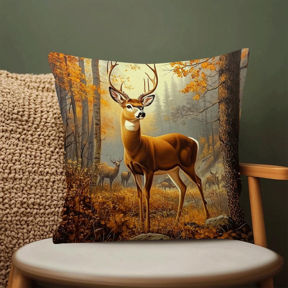Autumn Elk Forest Scene Cushion Cover Polyester 45cm Machine Washable Zipper Closure