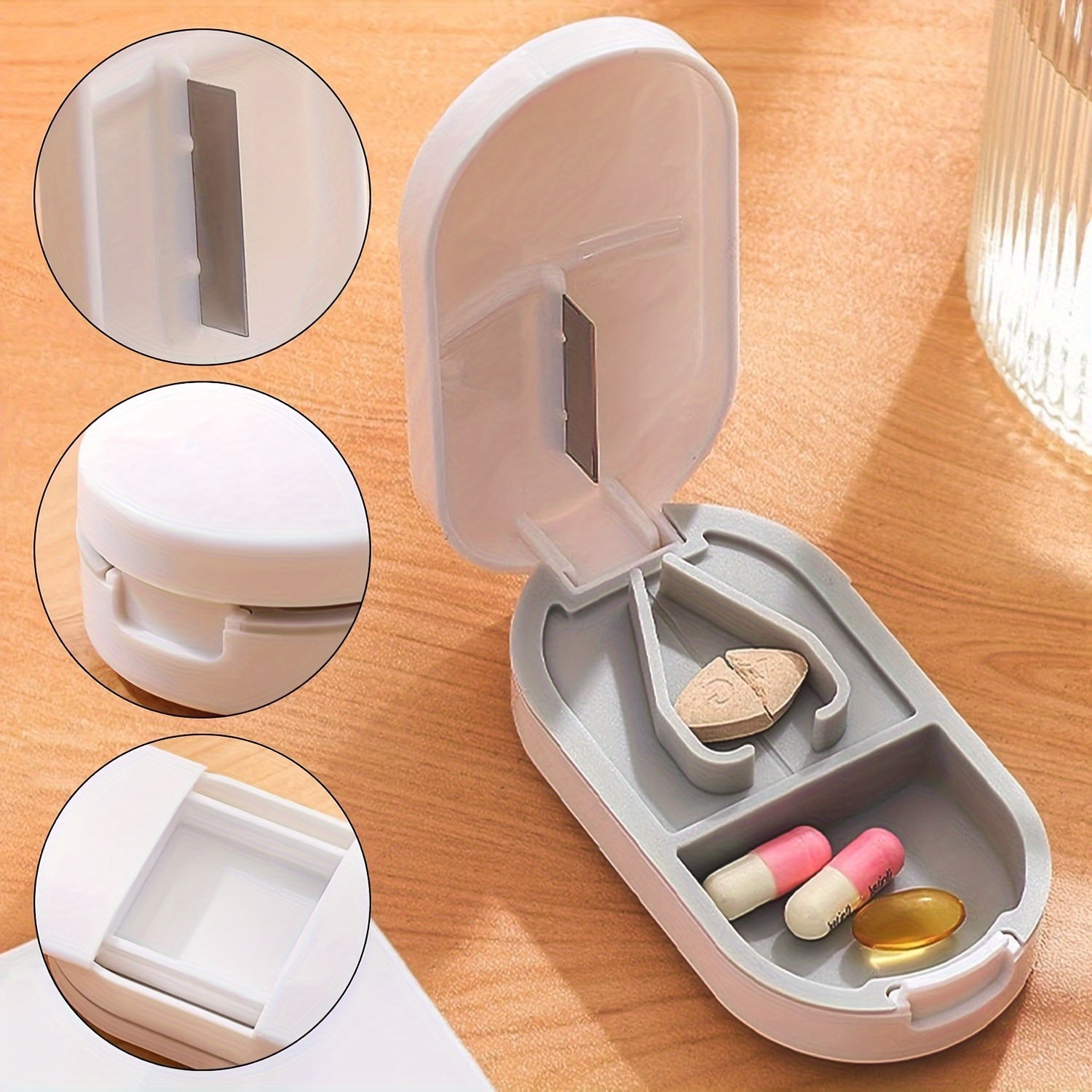 Travel-Size 2-in-1 Pill Cutter and Box Silicone Steel Portable Medication Splitter