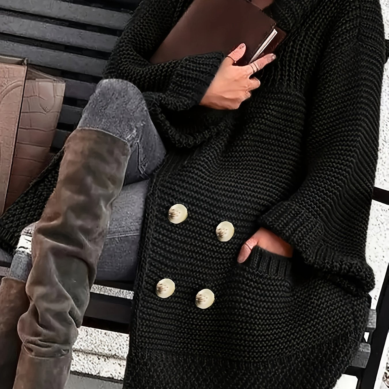 Plus Size Women's Red Long Sleeve Cardigan Cozy Winter Sweater with Pockets