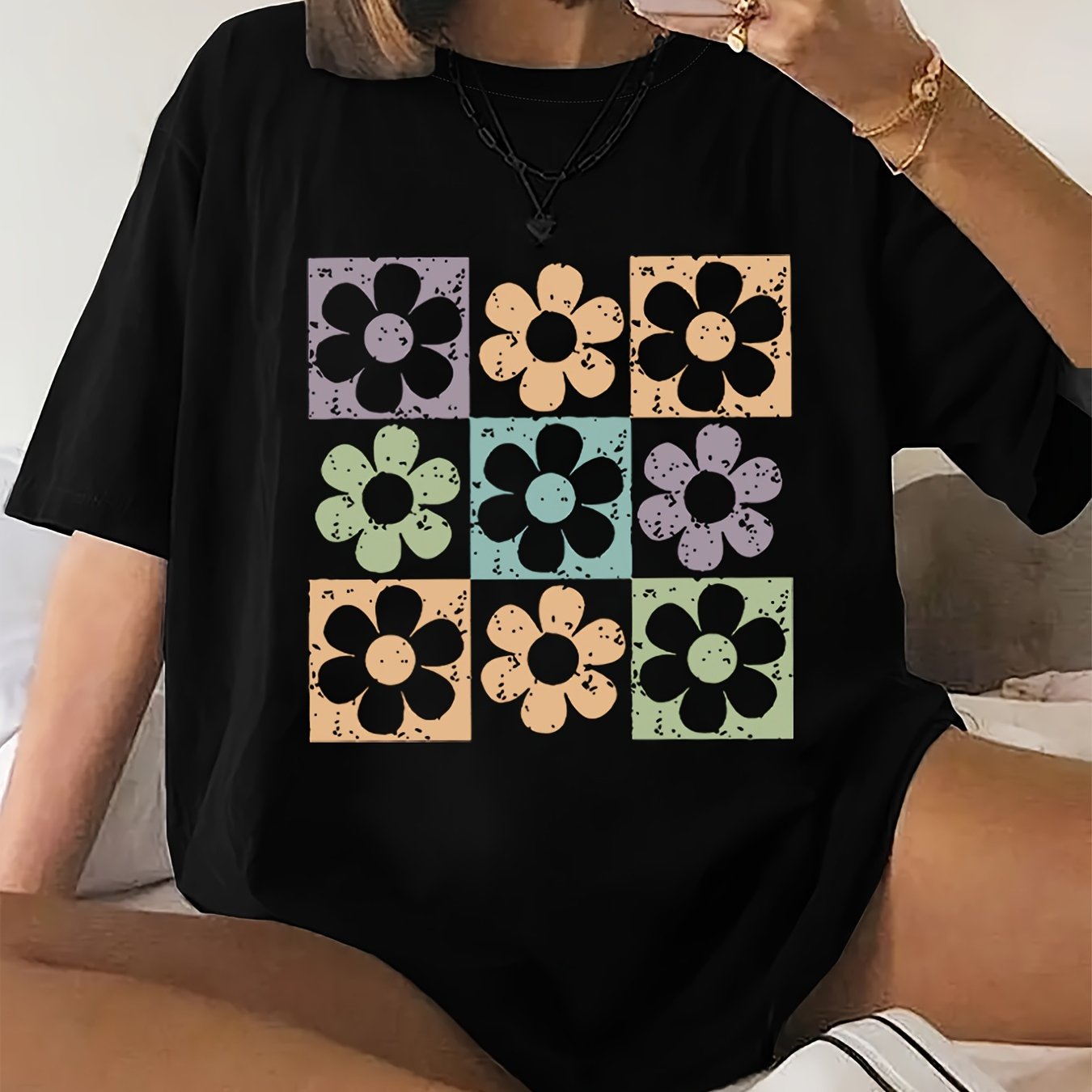 Plus Size Floral Print T-Shirt Short Sleeve Crew Neck Summer Women