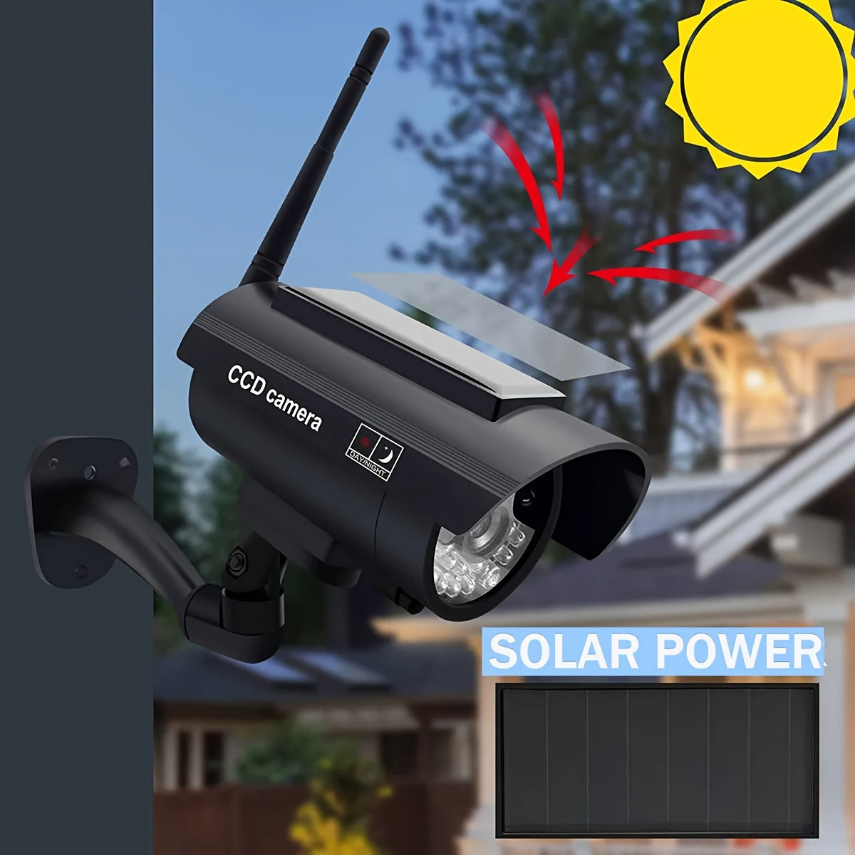 Solar Powered Fake Security Camera with Red Flashing LED Light