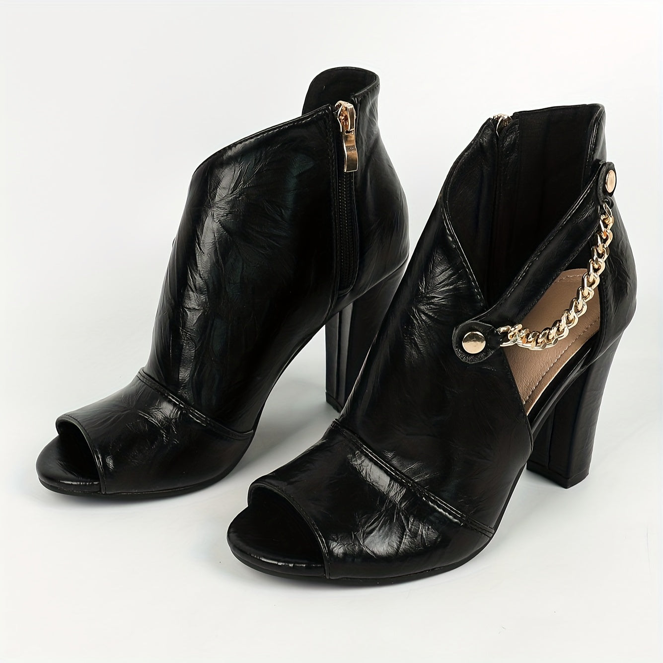 Женская обувь летнего сезона однотонного цвета с боковой молнией, массивным каблуком и цепочкой, универсальный дизайн с открытым носком.