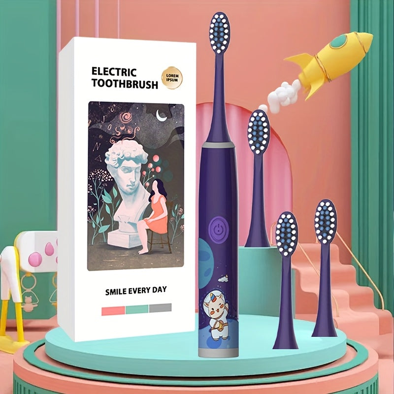 Bolalar uchun elektr tish cho'tkasi yumshoq cho'tka sochlari batareya uslubi kosmik dizayni 4-8 ta cho'tka boshlarini o'z ichiga oladi