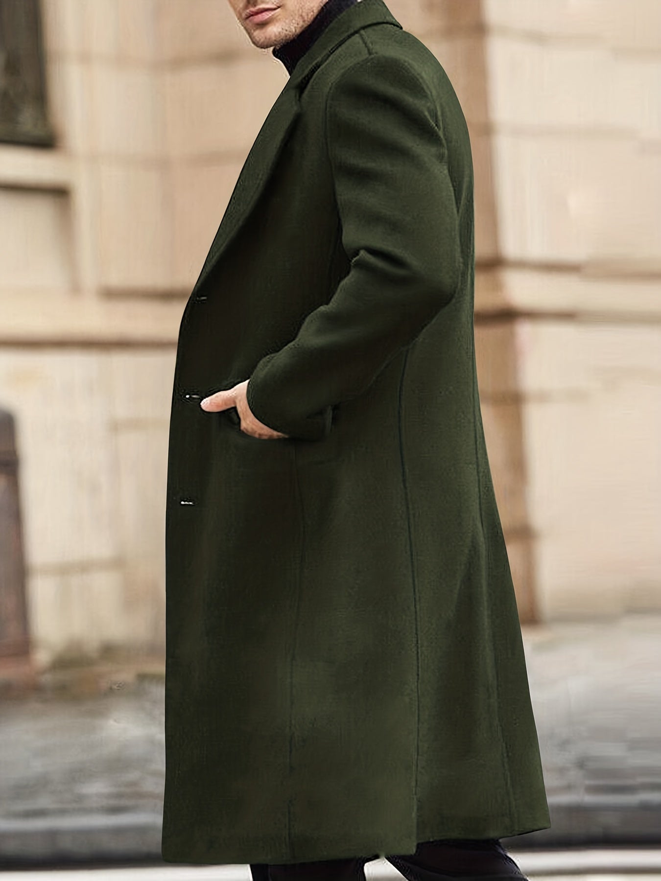 Men's Red Mid-Length Polyester Pea Coat with Single-Breasted Design Pockets and Button Closure for Fall Winter