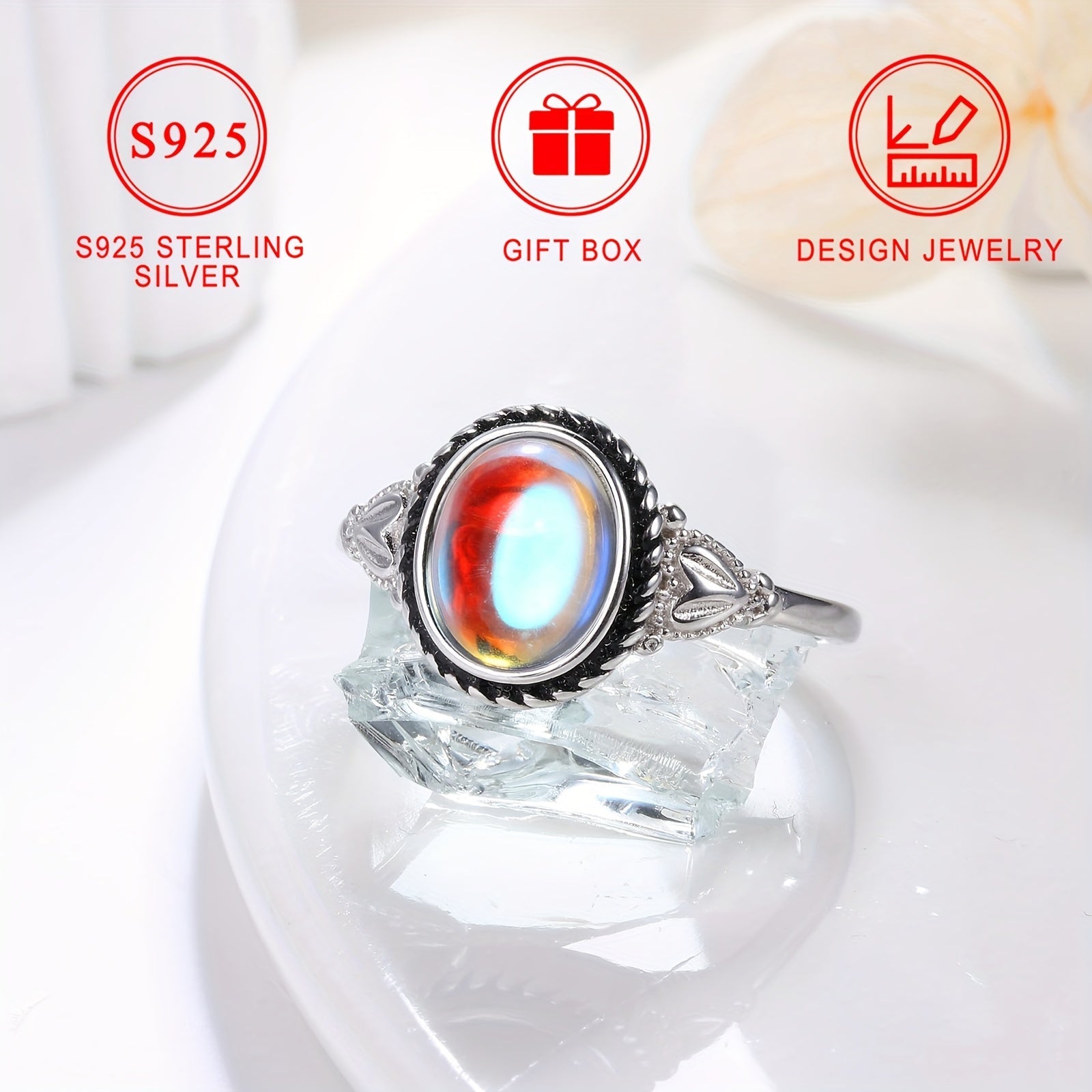 Серебряное кольцо в форме сердца с овальным лунным камнем в винтажном стиле для женщин