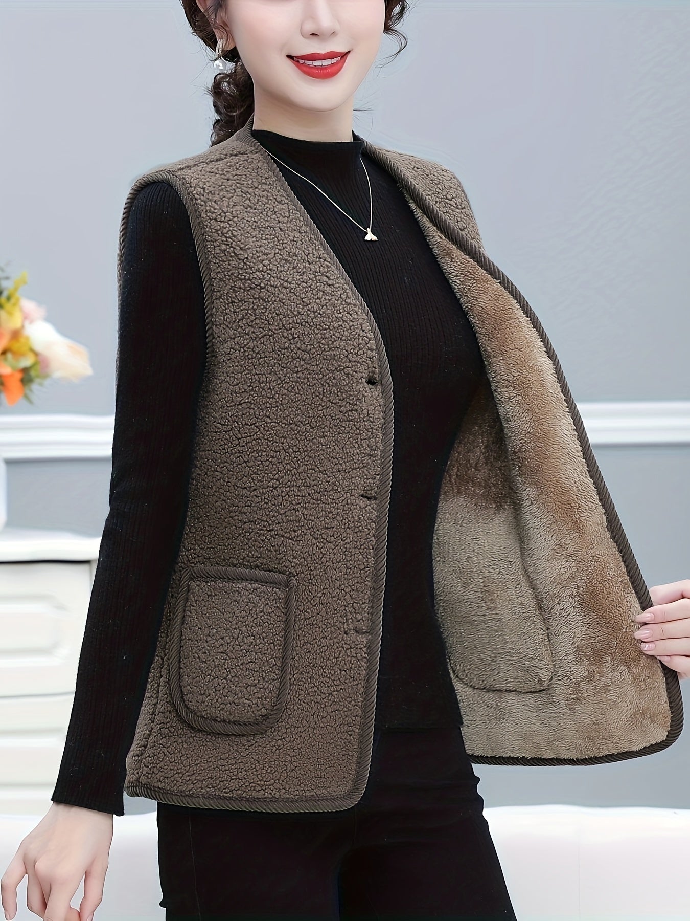 Women's Fleece-Lined Vest with Pockets Casual Sleeveless Knit Polyester Solid