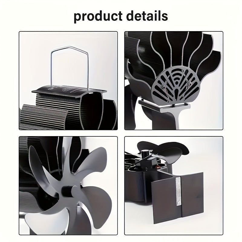 Portable Metal Fireplace Fan 6-Blade Non-Electric Air Circulator for Wood Stoves