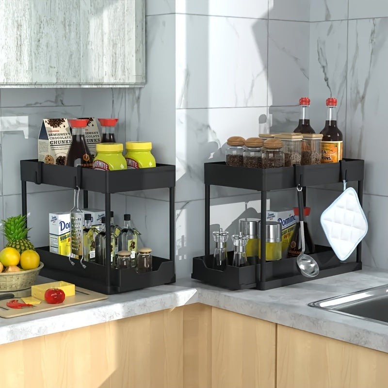Organizador de almacenamiento de plástico y aluminio de 2 niveles con estantes extraíbles para cocina y baño
