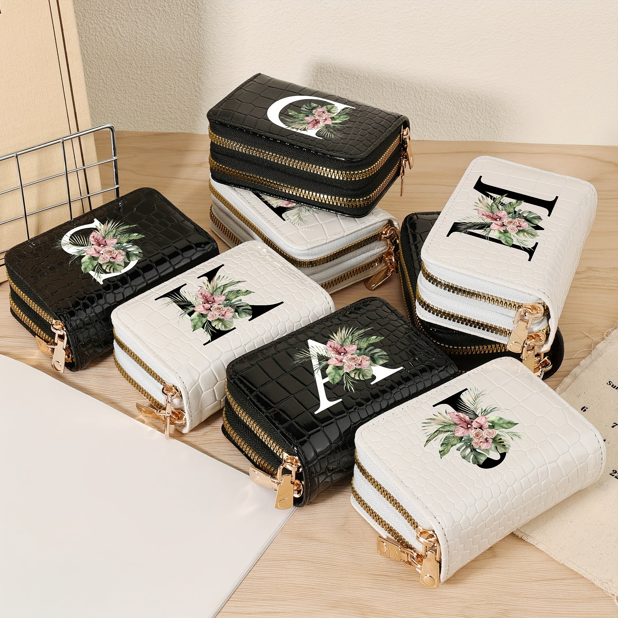 Women's Credit Card Wallet with Floral Letter Print Black and White Large Capacity Zipper Crocodile Texture PU