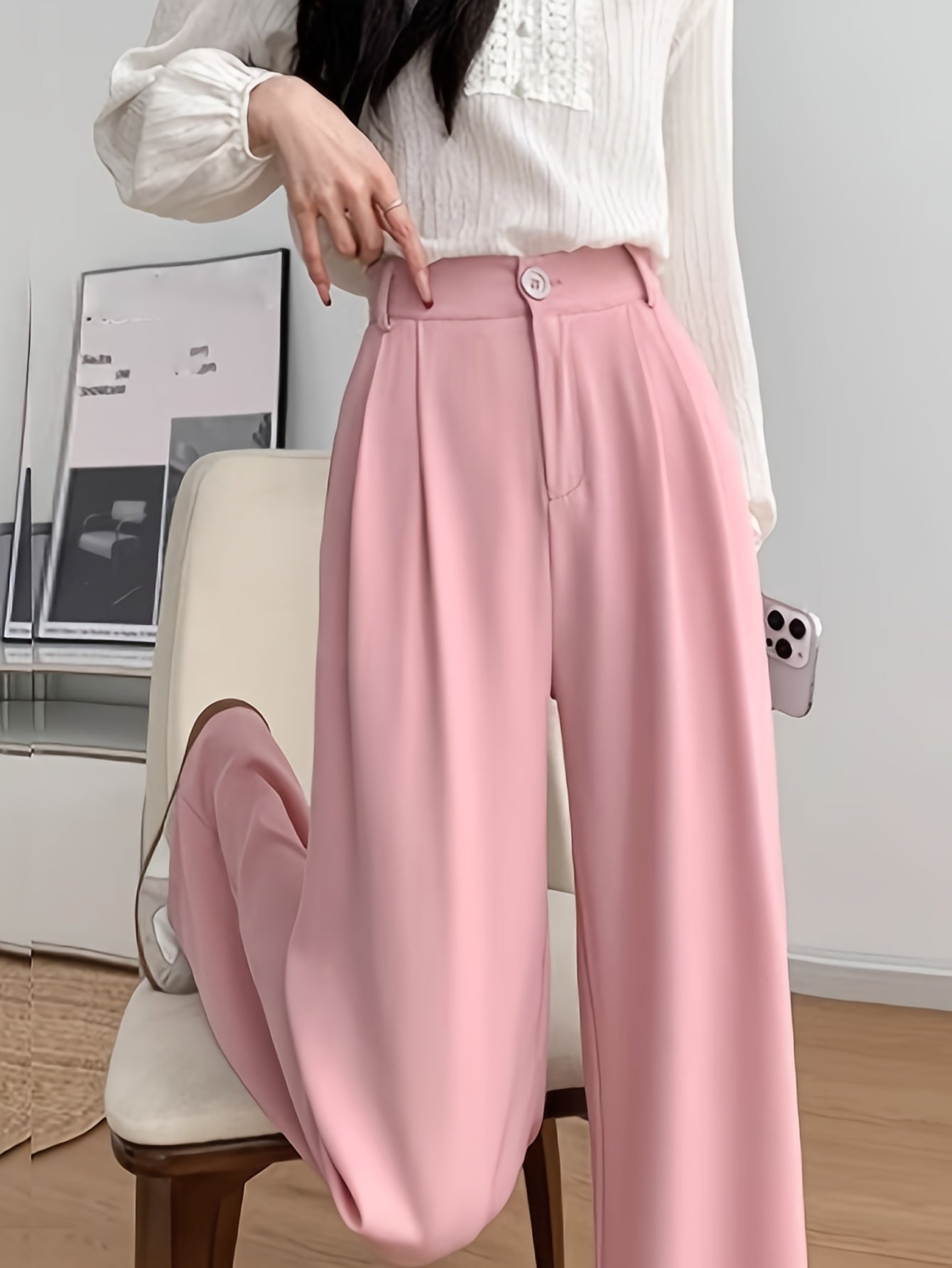 High-Waisted Straight Leg Pants for Women Breathable Wrinkle-Resistant Polyester Elastane