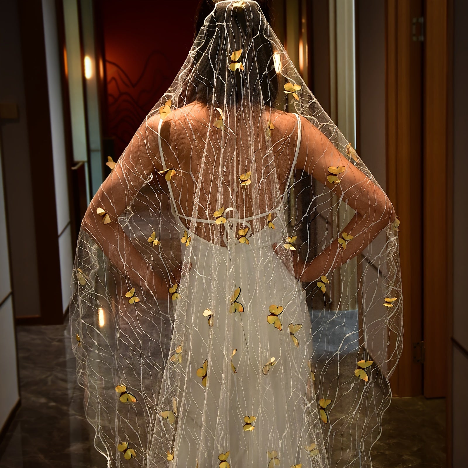 Wedding Veil with Butterfly Embroidery Cathedral Length Nylon Single Tier Bridal Accessory