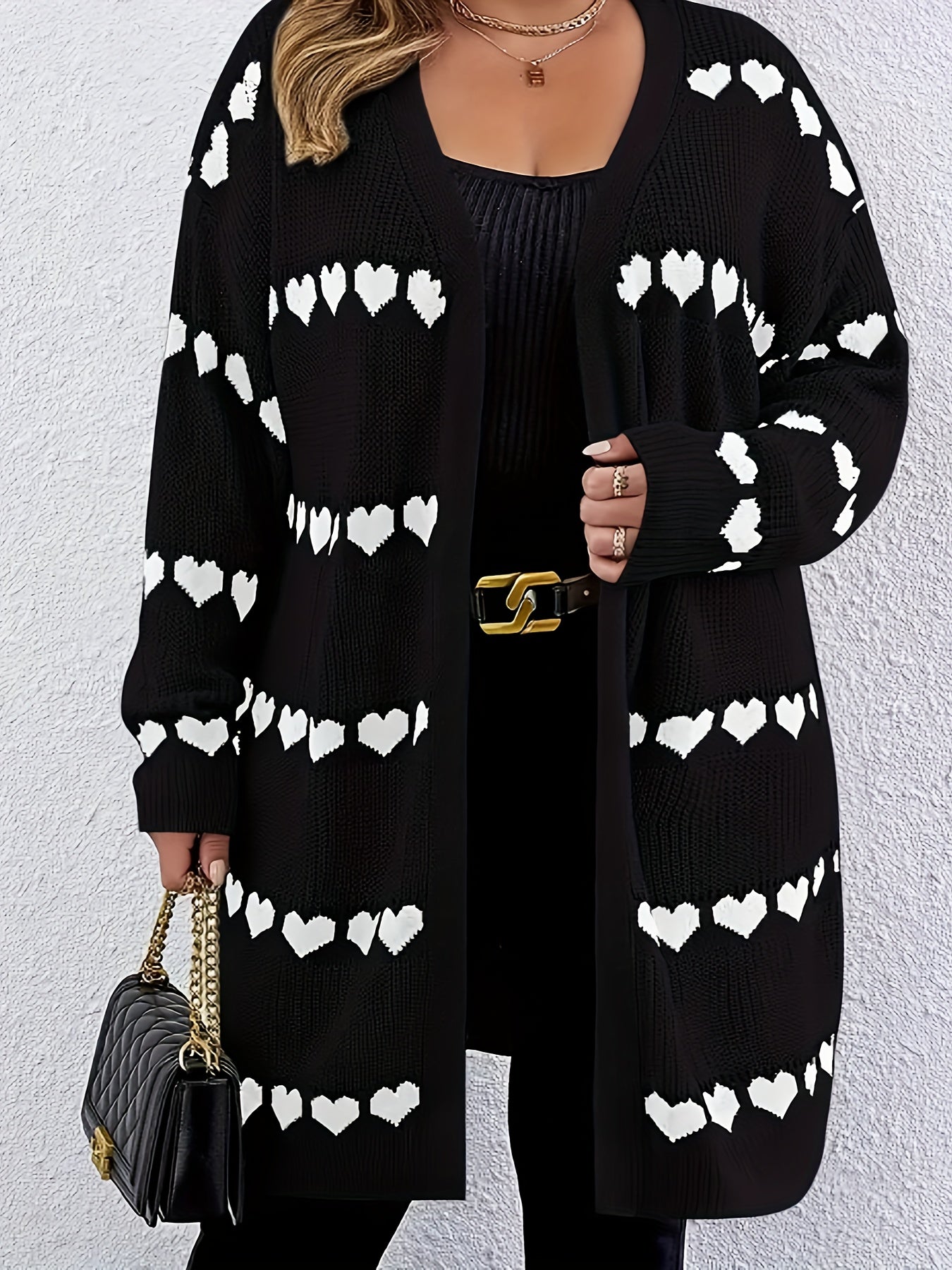 Plus Size Women's Heart Pattern Cardigan Long Sleeve Black White Casual Sweater