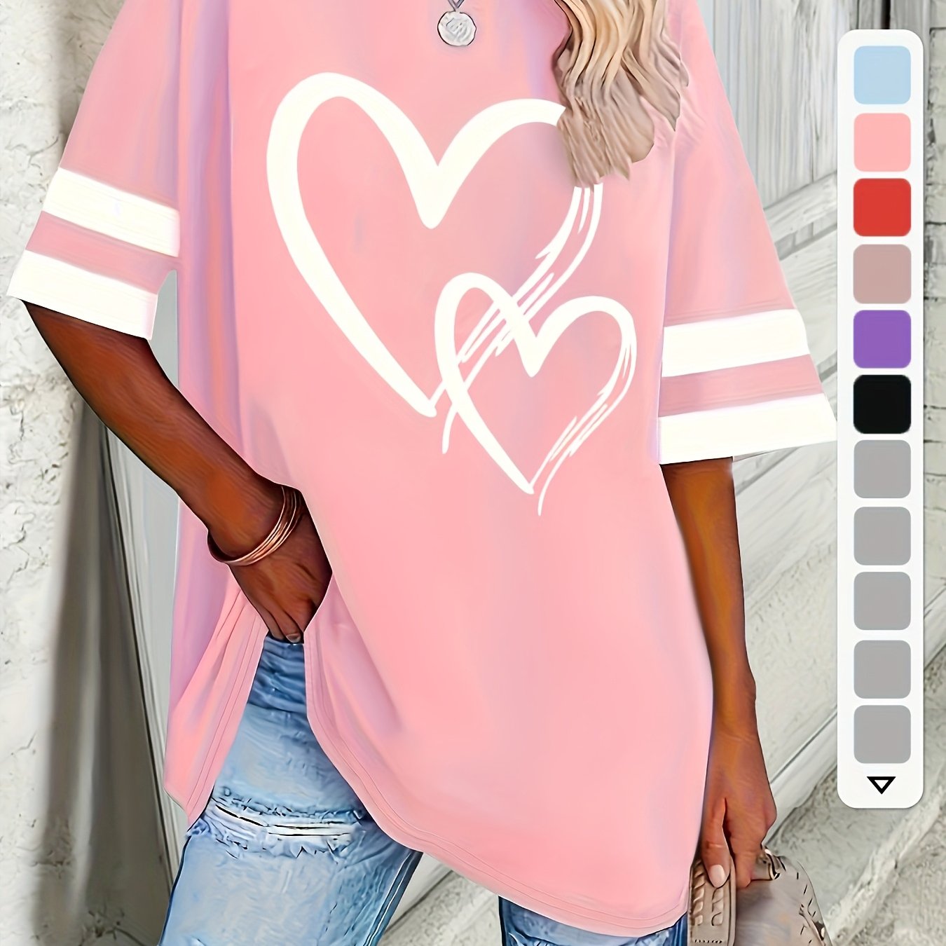 Plus Size Women's Short Sleeve T-Shirt with Heart Design Casual Pullover