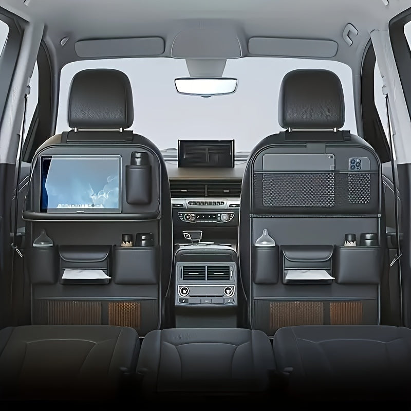 Organizador de asiento para coche con mesa plegable y estante de almacenamiento en cuero PU