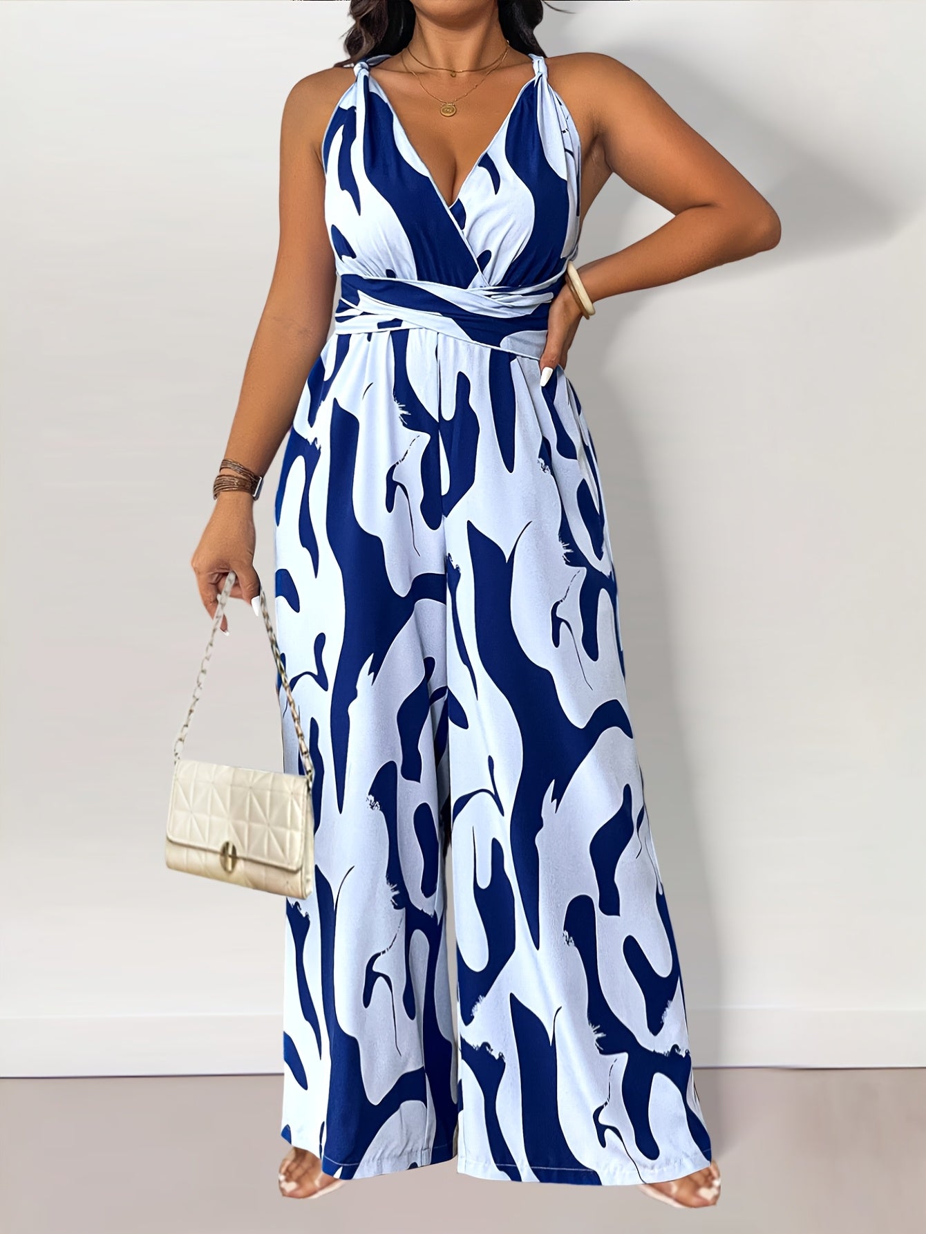 Plus Size Women's Printed Tie-Waist Backless Jumpsuit
