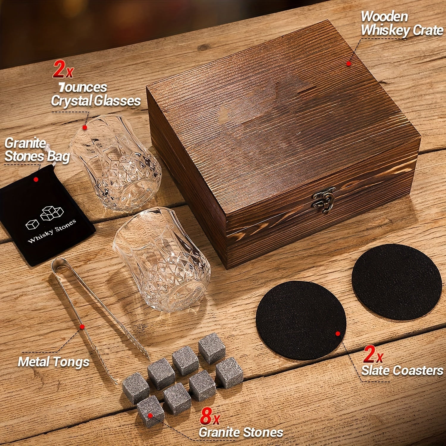 Whiskey Gift Set with Stones Tumbler and Chilling Rocks in Wooden Box for Men