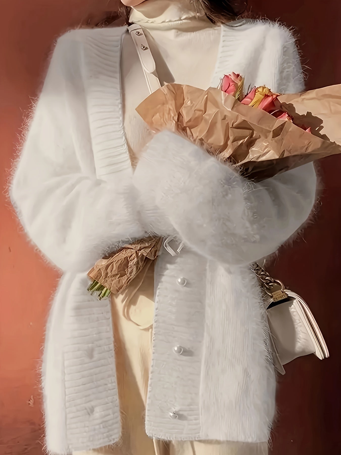 Plus Size Fuzzy Knit Cardigan for Women Long Sleeve Button Front Solid Color Fall Winter